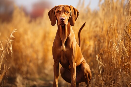 Hungarian hunter dog vizsla sitting in a wheat field, Hungarian hound pointer vizsla dog in autumn time in the field, AI Generated