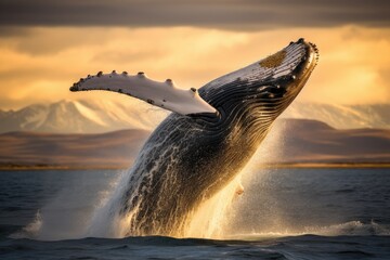 Humpback whale in Patagonia, Argentina. Humpback whale in Patagonia at sunset, Humpback Whale Megaptera novaeangliae breaching near Husavik City in Iceland, AI Generated - obrazy, fototapety, plakaty