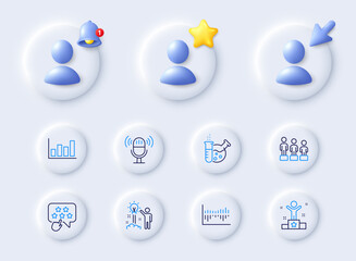 Microphone, Report diagram and Ranking star line icons. Placeholder with 3d cursor, bell, star. Pack of Creative idea, Equality, Chemistry lab icon. Column diagram, Winner pictogram. Vector