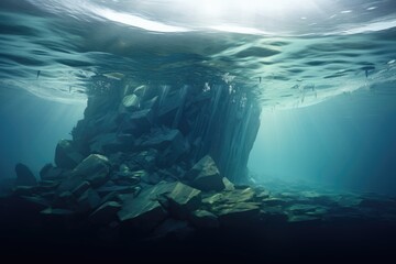 Underwater view of an underwater cave in the deep blue sea, Iceberg with above and underwater view, AI Generated - obrazy, fototapety, plakaty