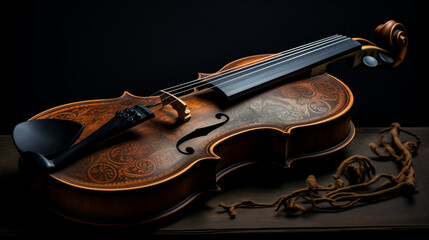 Obraz premium violin with intricate designs on its body, resting on a dark surface with a piece of coiled rope beside it. Features an ornate design carved into its wooden surface. Rich, warm brown color.