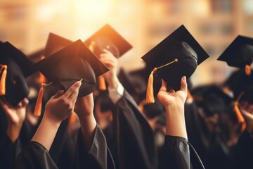 Group of Graduates in Graduation Cap and gowns. Education Concept, Graduation ceremony concept, hats and diplomas raised in hands, close-up, AI Generated