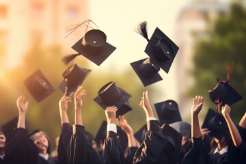 Group of graduates throwing caps in the air. Education and graduation concept, Graduation ceremony concept, hats and diplomas raised in hands, close-up, AI Generated - obrazy, fototapety, plakaty