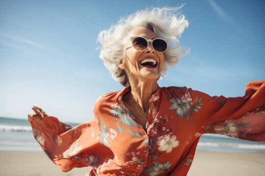 Portrait of happy senior woman in sunglasses on the beach at summer, image of happy dancing mature woman at the beach, AI Generated