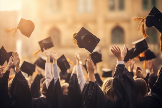 Back View Of A Group Of Graduates Holding Hats And Gowns In The Background, Graduation Ceremony Concept, Hats And Diplomas Raised In Hands, Close-up, AI Generated