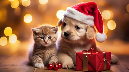 A festive scene of a playful kitten and a puppy wearing red Santa hats, surrounded by Christmas presents and twinkling lights, as they share a moment of pure happiness during the holiday season.