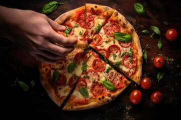 Pizza with mozzarella cheese, tomatoes and basil on a dark wooden background, Hand-taking a slice of Italian cuisine pizza, top view, AI Generated