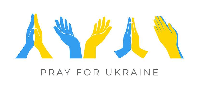 Set of hands in prayer for Ukraine. Yellow and blue color. Vector illustration