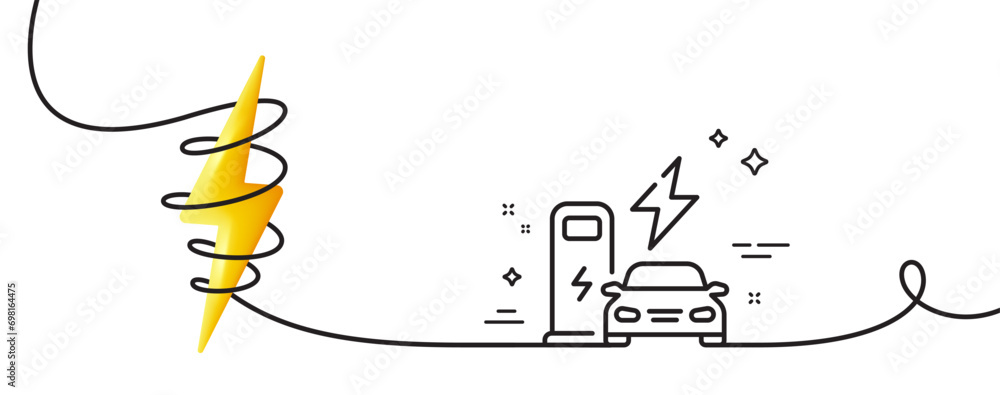 Poster charging station line icon. continuous one line with curl. car charger sign. electric power symbol. 