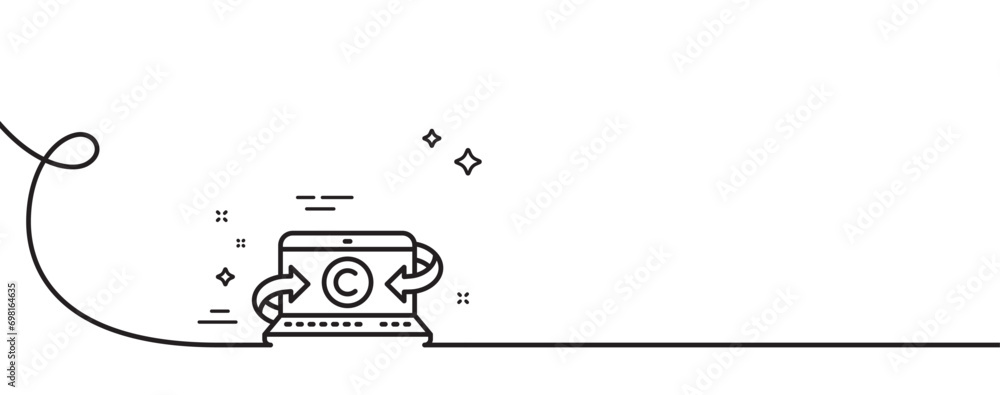 Poster copywriting notebook line icon. continuous one line with curl. copyright laptop sign. media content 