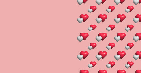 Pattern with two white and red hearts on a beige background. Valentine's day and love concept. Mother day. Banner. Space for text