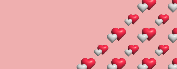 Pattern with two white and red hearts on a beige background. Valentine's day and love concept. Mother day. Banner or header. Space for text