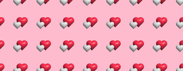 Pattern with two white and red hearts on pastel pink background. Valentine's day and love concept. Mother day. Banner or header