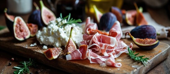 Healthy Italian appetizer with ham, ricotta, figs on wooden board.