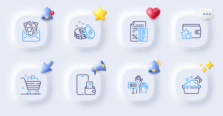 Bid offer, Launder money and Loyalty program line icons. Buttons with 3d bell, chat speech, cursor. Pack of Bitcoin, Bribe, Grocery basket icon. Phone wallet, Credit card pictogram. Vector