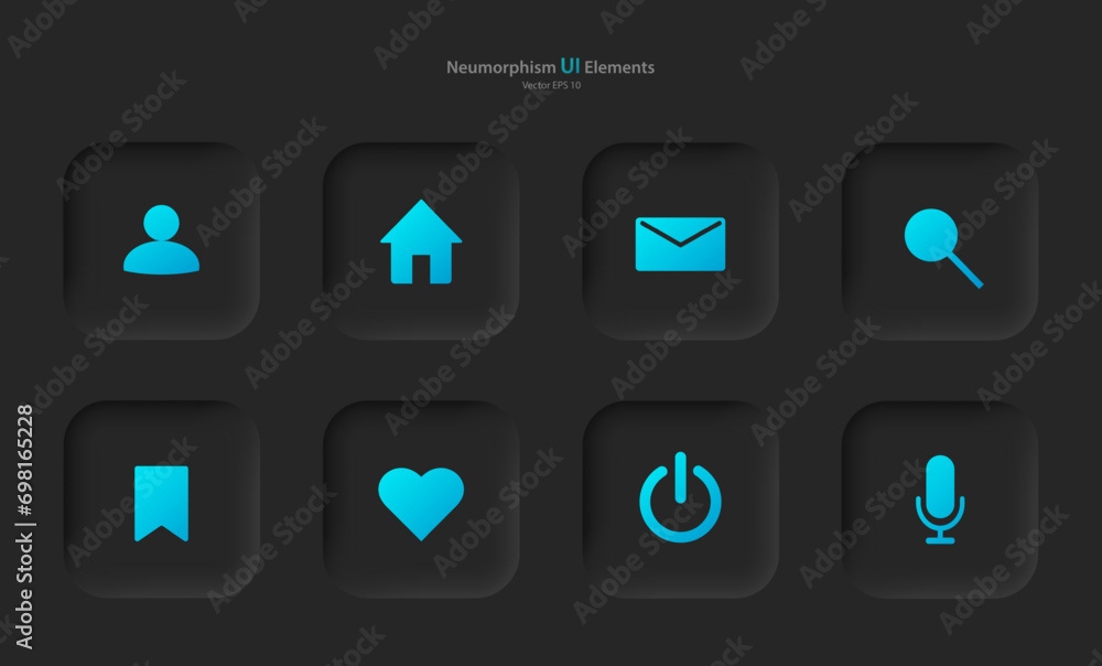 Poster a collection of user interface elements for a mobile application in black with blue elements. button