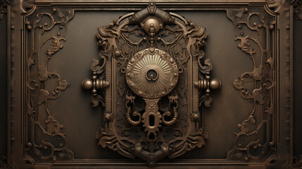 a door knocker on a similarly intricate door. The knocker features a circular design with an...
