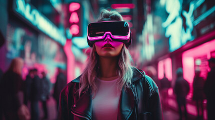 Tech Wonderland: Cyberpunk Woman Exploring VR Realms, Generative AI