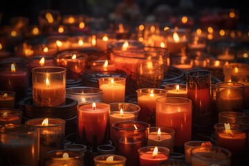 Burning candles in a cemetery during All Saints Day in Poland, Group of lit candles, memory of deceased persons, AI Generated
