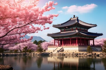 Obraz premium Beautiful pagoda and cherry blossom in Gyeongbokgung Palace, Seoul, South Korea, Gyeongbokgung palace with cherry blossom tree in springtime in Seoul city, South Korea, AI Generated