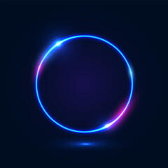 Neon round frame with lights on a dark blue background. Abstract futuristic geometric neon light background. Vector EPS 10.