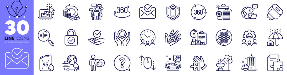 Car service, Voting campaign and Outsource work line icons pack. Construction building, Approved, Full rotation web icon. Petrol canister, Approved mail, Scroll down pictogram. Vector