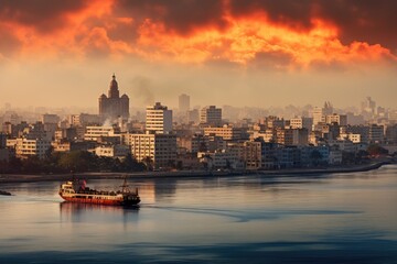 Naklejka premium Sunset view of the city of Mumbai, India. Panoramic view of the city, Havana, Cuba, downtown skyline, AI Generated