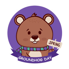 Happy Groundhog Day. Cute Cartoon Groundhog. Vector illustration.
