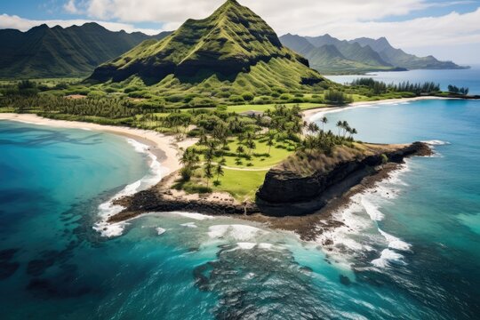 Aerial view of beautiful tropical beach with turquoise water and white sand. Drone photo, Hawaii Beach Aerial, AI Generated
