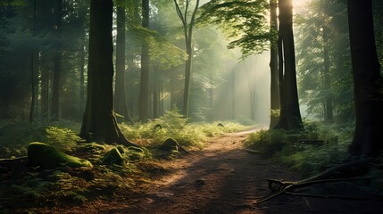 Image of a serene green forest tranquil, Generative ai.