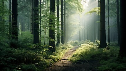 Naklejka premium Image of a serene green forest tranquil, Generative ai.