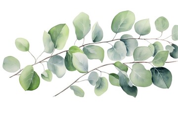 Watercolor eucalyptus branch isolated on white background, Green floral card in watercolor with silver dollar eucalyptus leaves and branches isolated on a white background, AI Generated