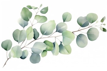 Eucalyptus branch with green leaves. Watercolor illustration, Green floral card in watercolor with silver dollar eucalyptus leaves and branches isolated on a white background, AI Generated
