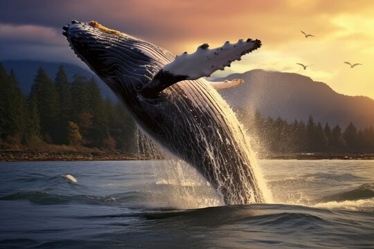Humpback whale jumping out of the water at sunset, Alaska, Humpback whale jumping out of the water, AI Generated