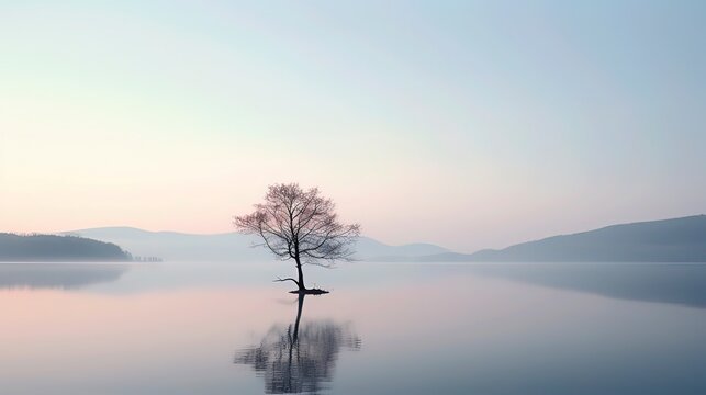 Image of a tranquil foggy lakeside scene , Generative ai.