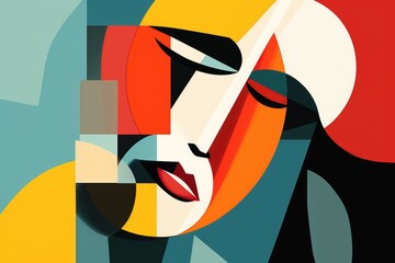 Abstract illustration, colorful geometric composition with woman face in pop art style,...