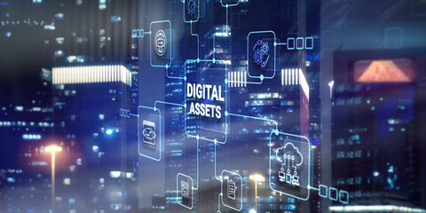 Digital Assets Business Management System Concept on modern city background
