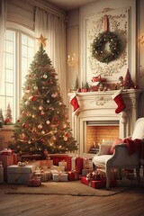 Vintage Christmas and New Year, Christmas Trees with Gifts