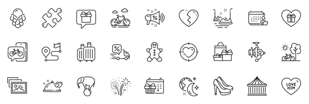 Icons pack as Bumper cars, Bike app and Romantic dinner line icons for app include Romantic gift, Sale megaphone, Fireworks outline thin icon web set. Journey, Wish list, Ice cream pictogram. Vector
