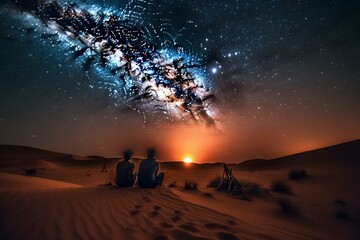 Friends under a magical Sahara night sky with moonrise, stars and milky way. Nightscape enhanced by shooting star. Generative AI