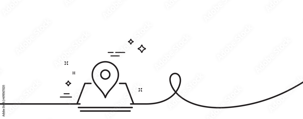 Poster map pin line icon. continuous one line with curl. trip point sign. journey location pointer symbol. 