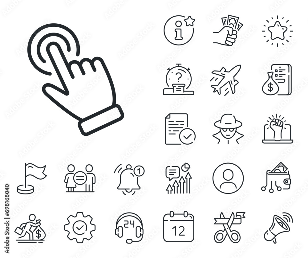 Poster click action sign. salaryman, gender equality and alert bell outline icons. hand cursor line icon. f