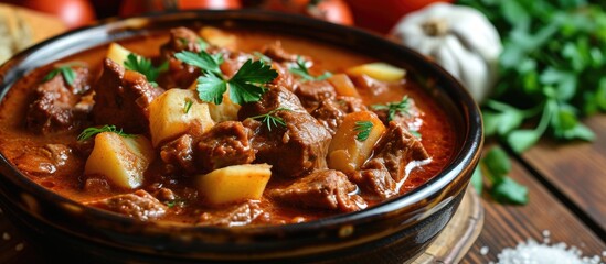 Goulash is a spicy meat and vegetable soup or stew; ideal for recipes, articles, menus, and cooking...