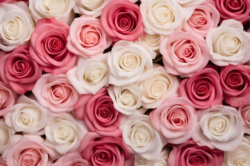 Top view of light and dark pink and cream white roses. Valentine's day background