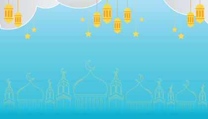 Ramadan Kareem, Eid Mubarak and  Islamic Background with mosque illustration. Ramadan Islamic background design for poster, cover, banner, flyer, social media post.