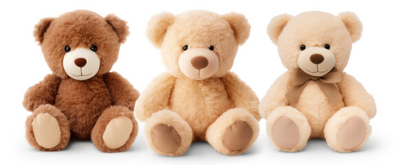 Soft toy fluffy bears sitting in a row on a white background, Closeup