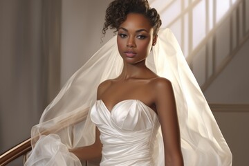 Beautiful young African American bride in a white wedding dress and veil - Powered by Adobe