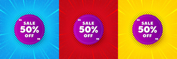 Sale 50 percent off banner. Sunburst offer banner, flyer or poster. Discount sticker shape. Coupon bubble icon. Sale 50 percent promo event banner. Starburst pop art coupon. Special deal. Vector - obrazy, fototapety, plakaty