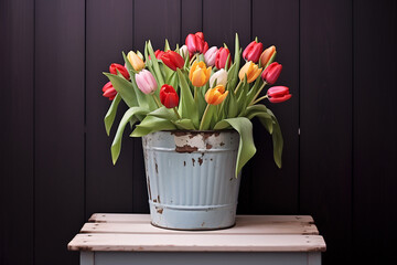 Bouquet of colorful tulip spring flowers in bucket - obrazy, fototapety, plakaty