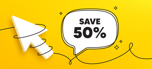 Save 50 percent off tag. Continuous line chat banner. Sale Discount offer price sign. Special offer symbol. Discount speech bubble message. Wrapped 3d cursor icon. Vector